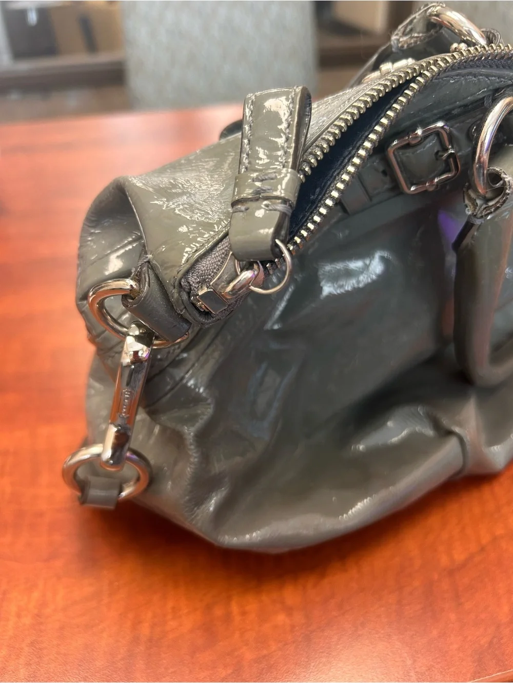 Coach Glossy Patent Leather Satchel in Gray
